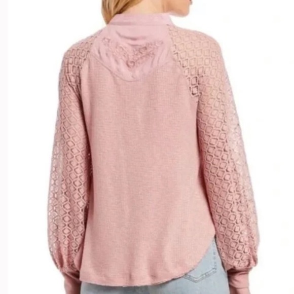 Free People Sweetest Thing Embroidered Thermal Top Blouse Bliss Blush Pink Large - Picture 2 of 14